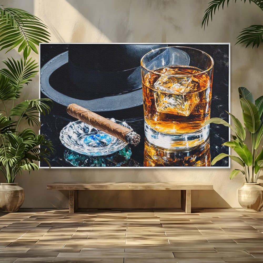Tablou canvas cu pictura cu pahar de whisky, trabuc si palarie, in rama de aluminiu argintiu